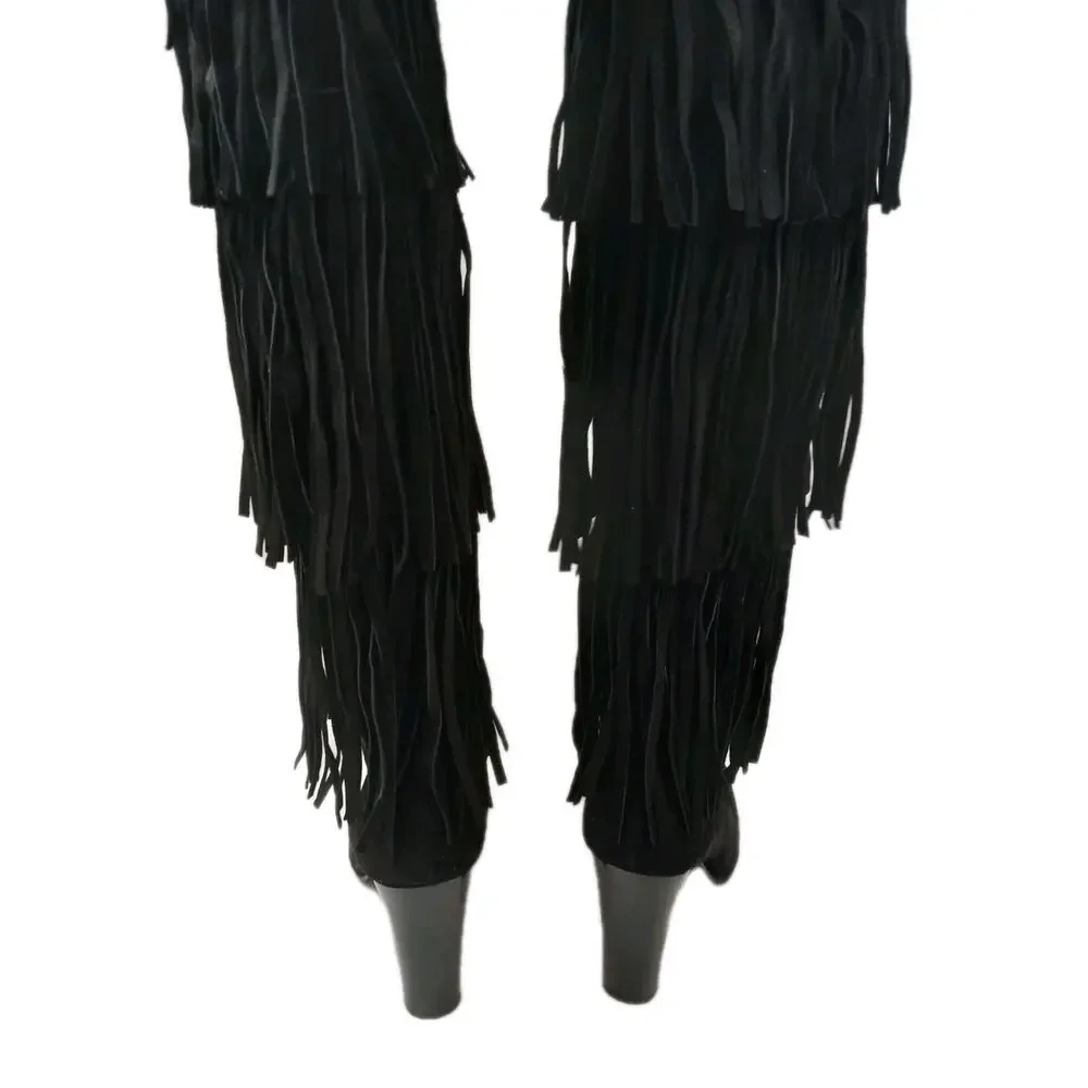 Stuart Weitzman Fringie Black Suede Fringe Boots 7.5 M Over The Knee Western NEW